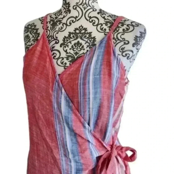 Lulus Xali Red Coral Striped Sleeveless Wrap Mini Dress Blue White Women's Large - Picture 7 of 13
